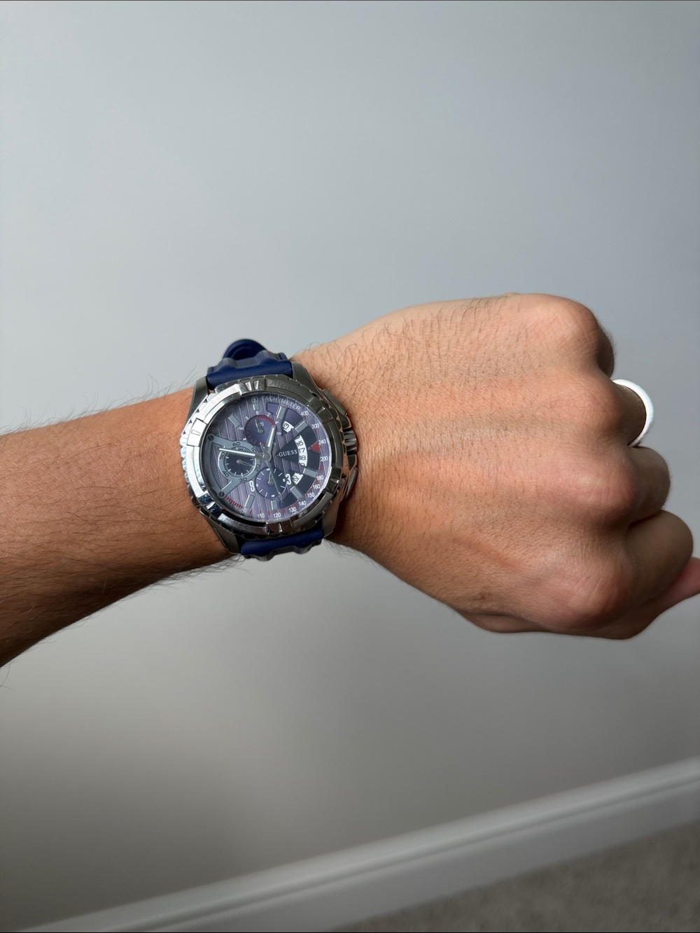 Guess Blue Silicone Strap Chronograph Watch with Silver Case